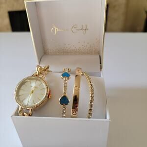 Gold Tone Necklace Watch Bracelet Set Blue Heart Crystal Jewelry Gift